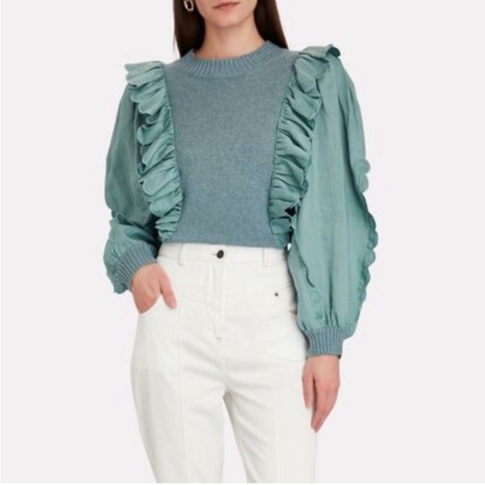 SEA NEW YORK Shannon Sweater Ruffle Scalloped Puffed Long Sleeves Teal Sky Sz XS